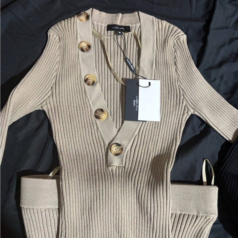 JLUXLABEL Taupe Jessy Ribbed Button-Accent Knit Set - Picture 9 of 10